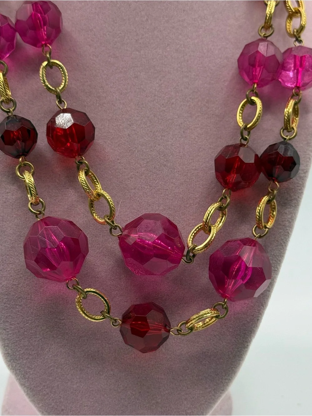 Double layered Gold Chain Necklace with Pink and Red Faceted Beads
